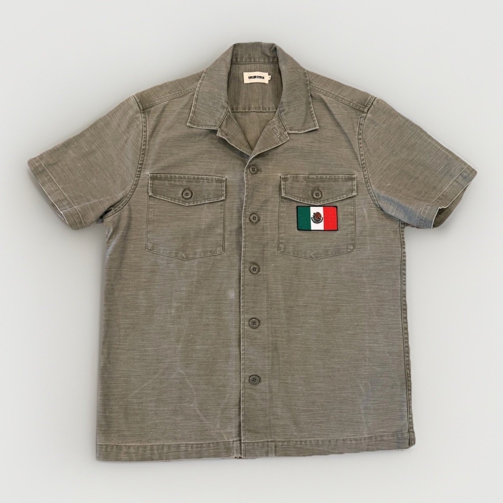 Taylor Stitch Shirt Mens 42 Green Mexico Flag Cotton Button Up Short Sleeve